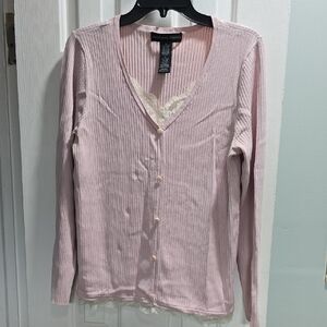 Josephine Chaus Light Pink V-Neck Sweater with Lace Trim Woman's Size L